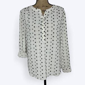 Chicos Textured Polka Dot Tunic Top Sz 2 US L Semi Sheer Roll Tab Office Career